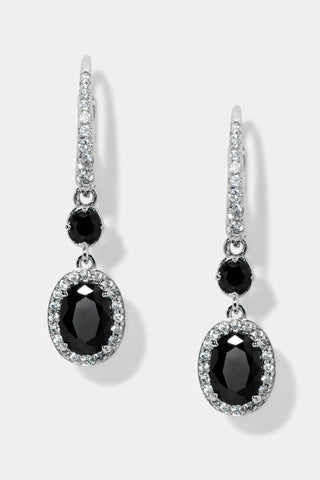 MAIDEN BLACK HALO OVAL LEVERBACK EARRINGS IN RHODIUM PLATING