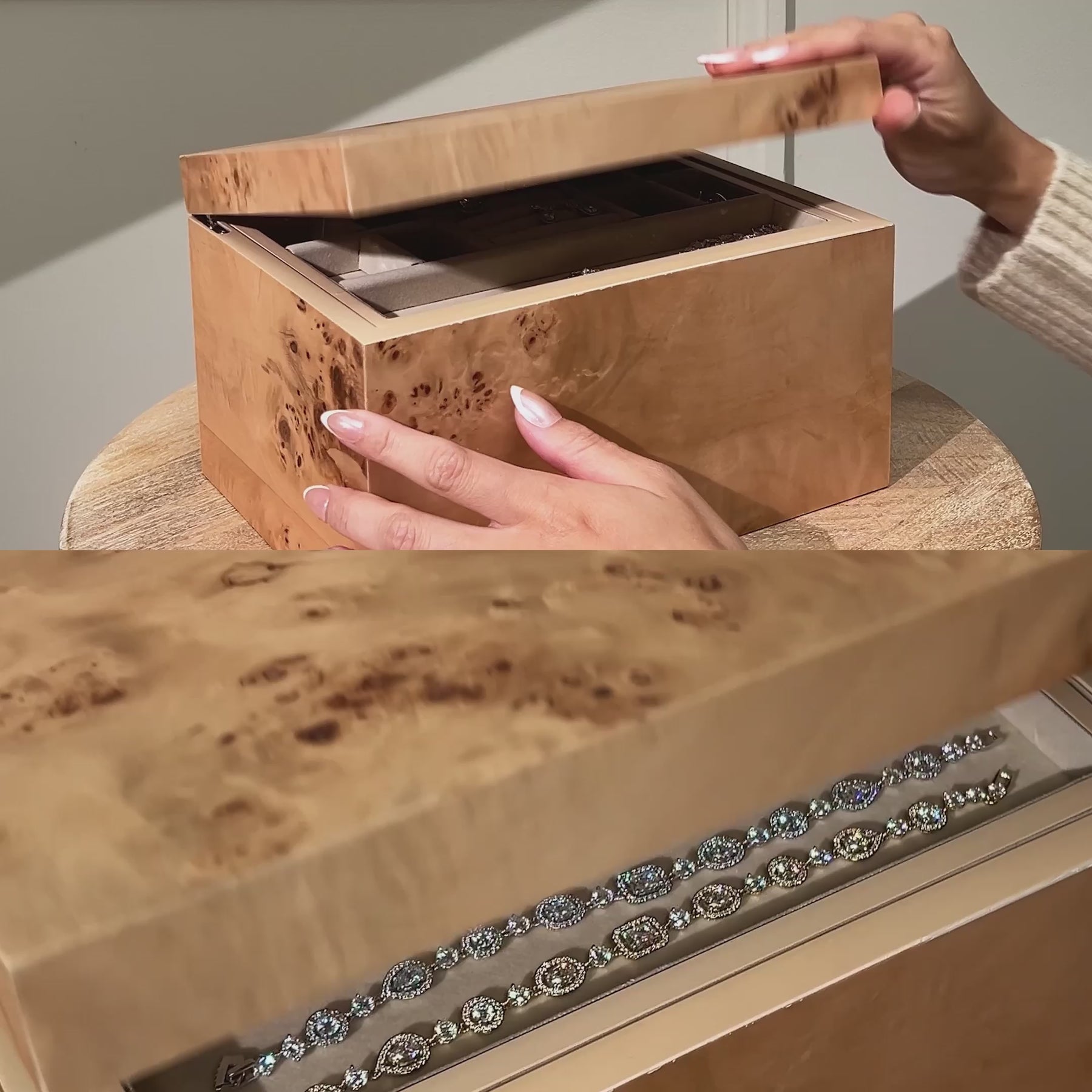 video of model opening jewelry box and revealing multiple styles of nadri cubic zirconia jewelry.